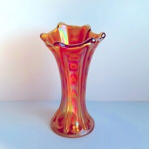 Vintage Marigold Morning Glory Carnival Iridescent Glass Vase 5-1/2”